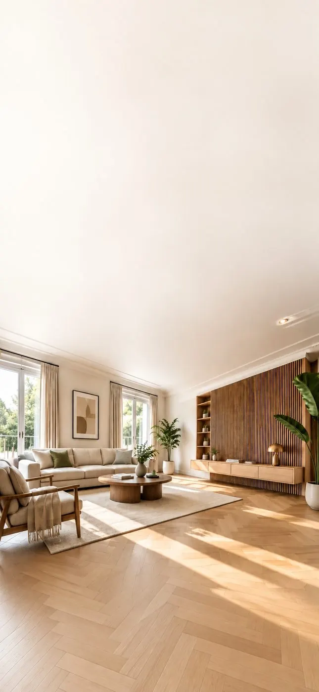 Salon lumineux avec parquet chêne, mur en tasseaux de bois et grandes fenêtres